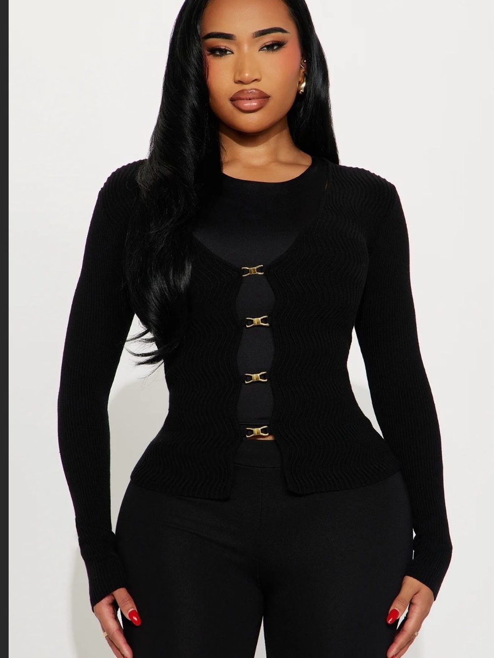 Fashion Nova Black Long Sleeve Ribbed Cardigan with Gold Hardware
